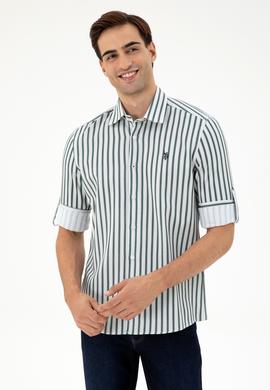 Erkek Koyu Yeşil Çizgili Beyaz Gömlek - 50296599016