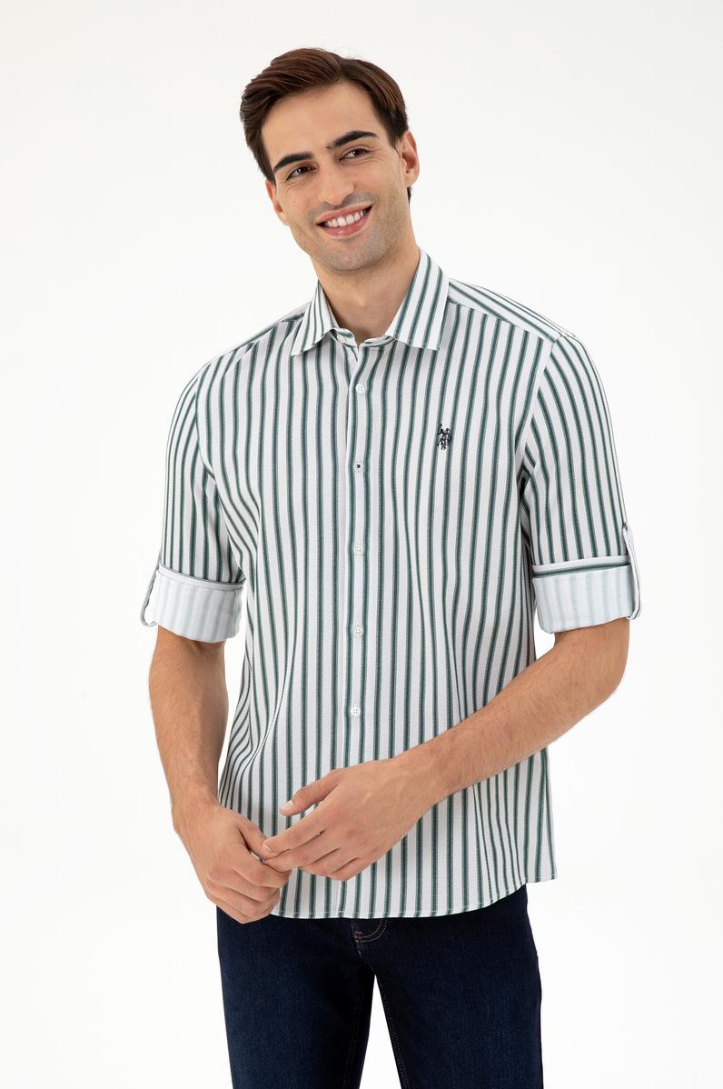 Erkek Koyu Yeşil Çizgili Beyaz Gömlek