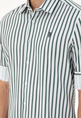 Erkek Koyu Yeşil Çizgili Beyaz Gömlek - 50296599016