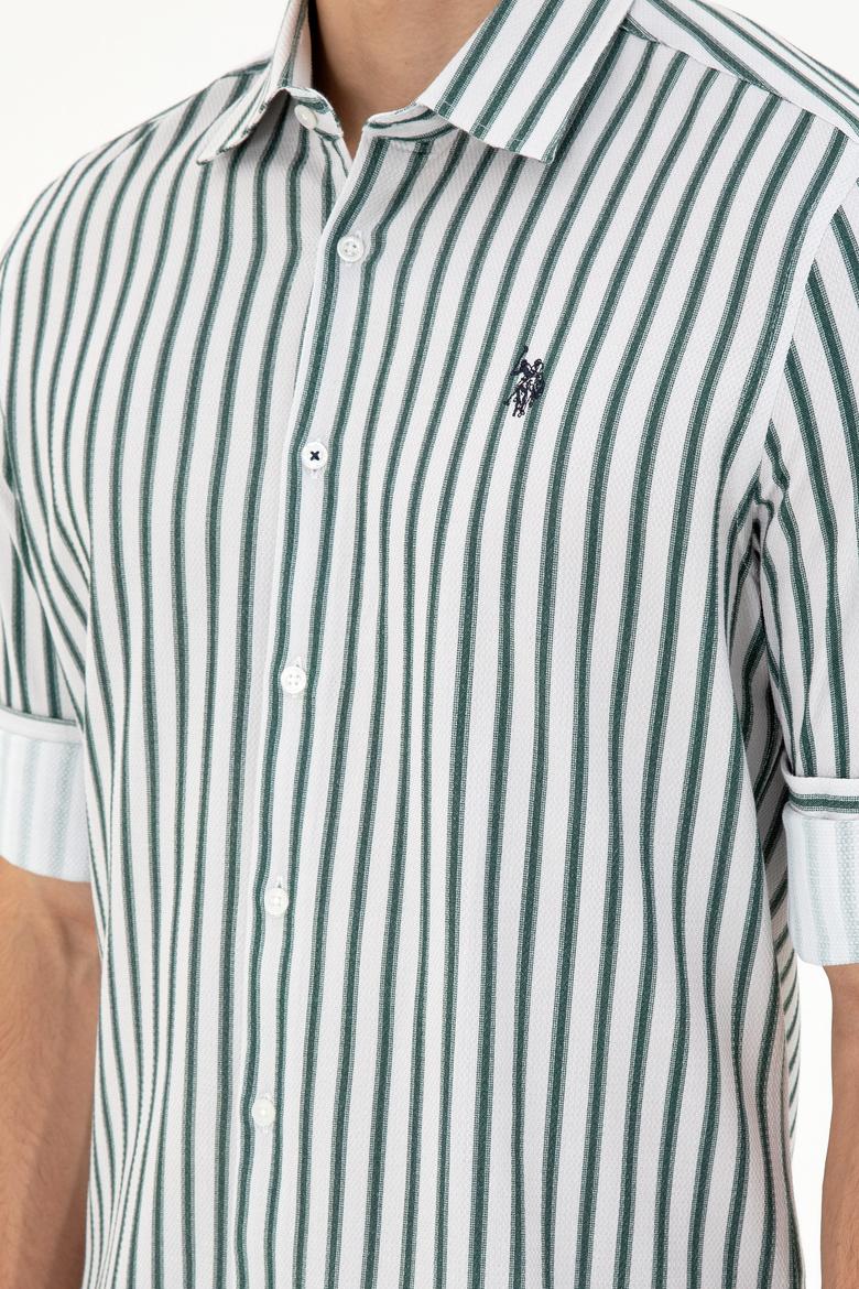 Erkek Koyu Yeşil Çizgili Beyaz Gömlek - 50296599016