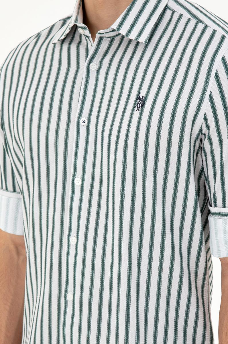 Erkek Koyu Yeşil Çizgili Beyaz Gömlek