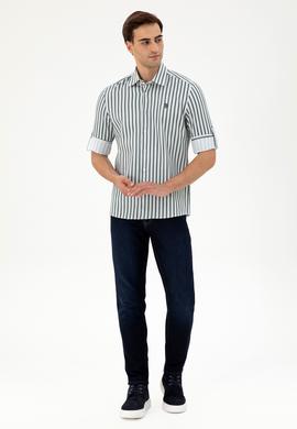 Erkek Koyu Yeşil Çizgili Beyaz Gömlek - 50296599016