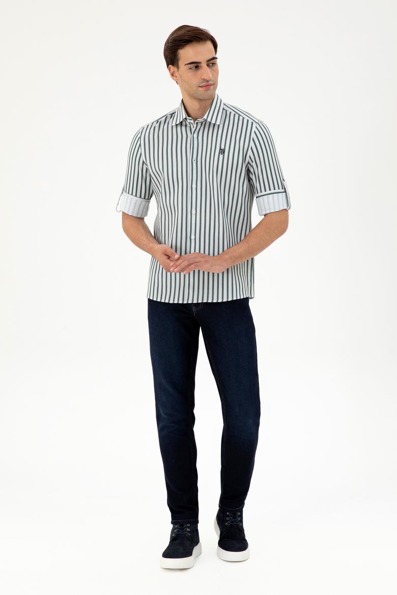 Erkek Koyu Yeşil Çizgili Beyaz Gömlek - 50296599016