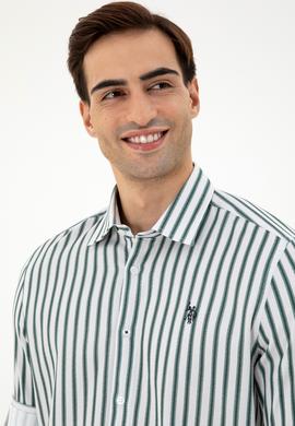 Erkek Koyu Yeşil Çizgili Beyaz Gömlek - 50296599016