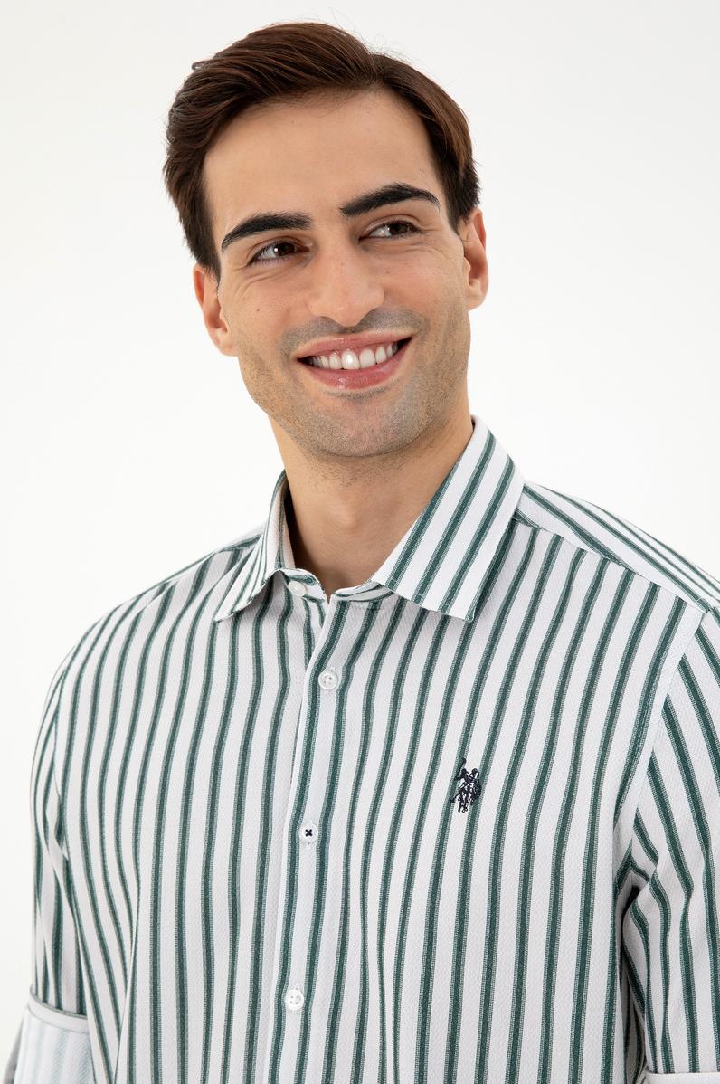 Erkek Koyu Yeşil Çizgili Beyaz Gömlek