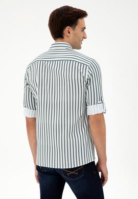 Erkek Koyu Yeşil Çizgili Beyaz Gömlek - 50296599016