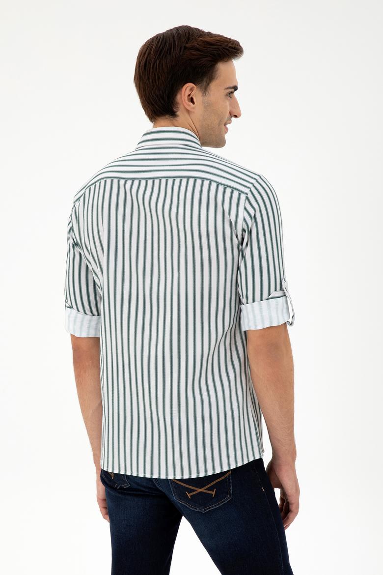 Erkek Koyu Yeşil Çizgili Beyaz Gömlek - 50296599016