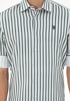 Erkek Koyu Yeşil Çizgili Beyaz Gömlek - 50296599016