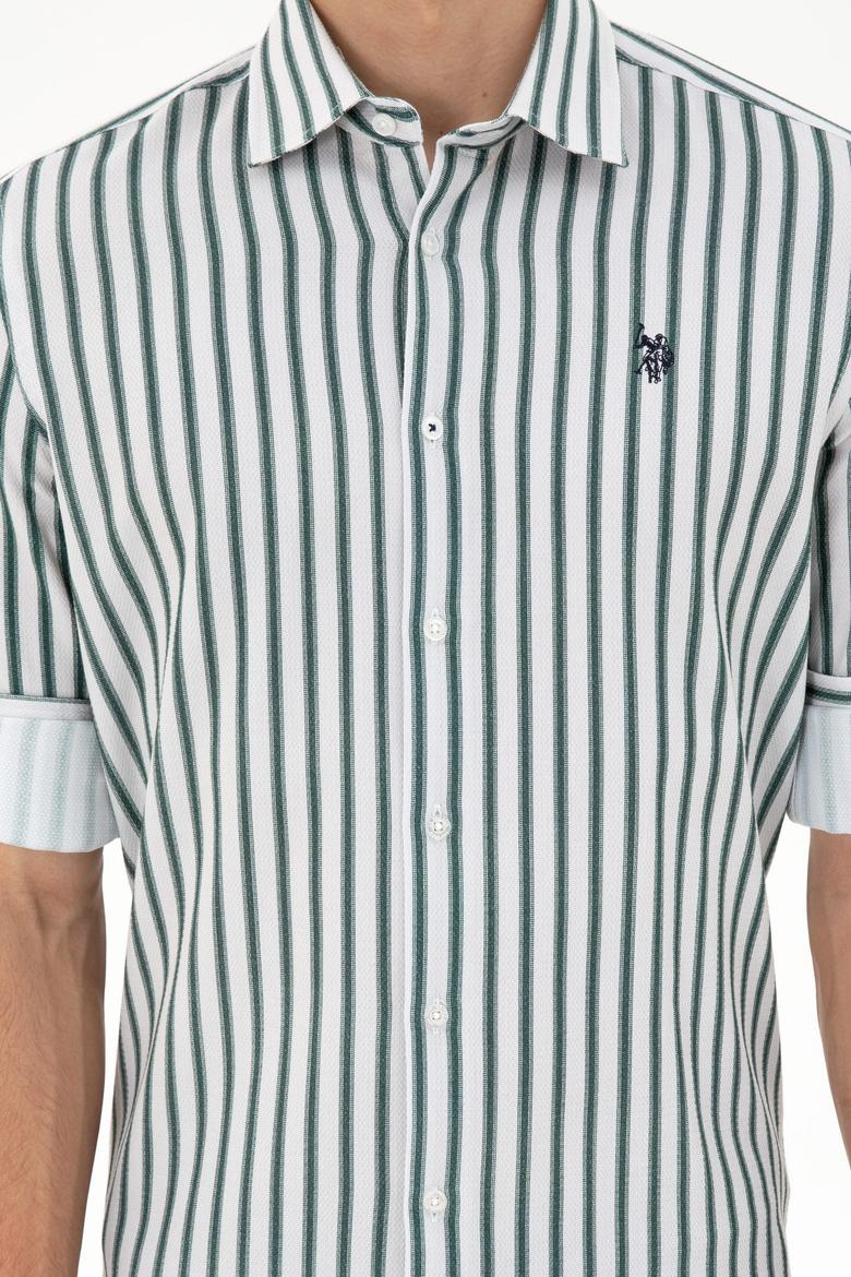 Erkek Koyu Yeşil Çizgili Beyaz Gömlek - 50296599016