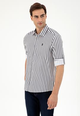 Erkek Lacivert Çizgili Beyaz Gömlek - 50296599007