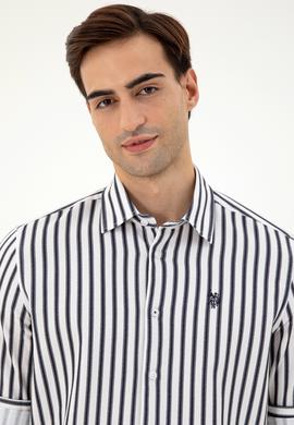 Erkek Lacivert Çizgili Beyaz Gömlek - 50296599007