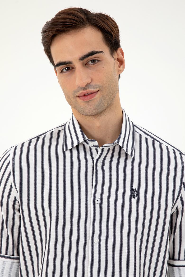 Erkek Lacivert Çizgili Beyaz Gömlek - 50296599007
