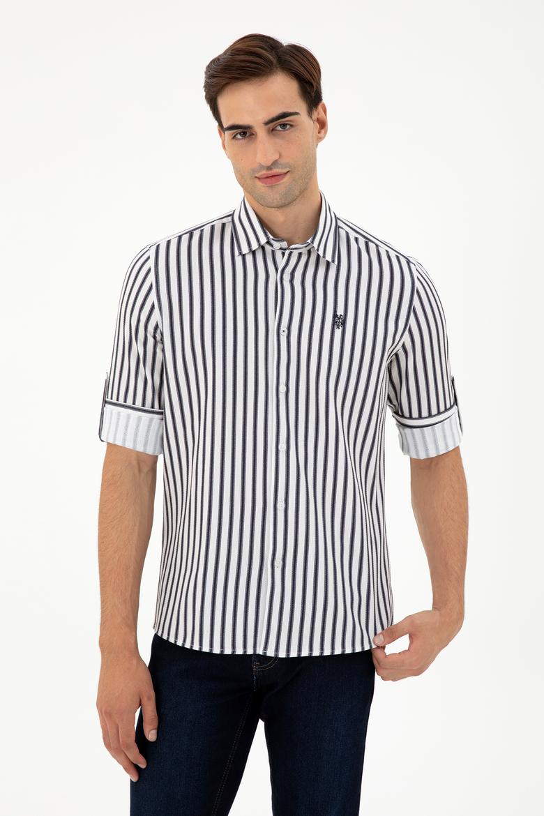 Erkek Lacivert Çizgili Beyaz Gömlek - 50296599007