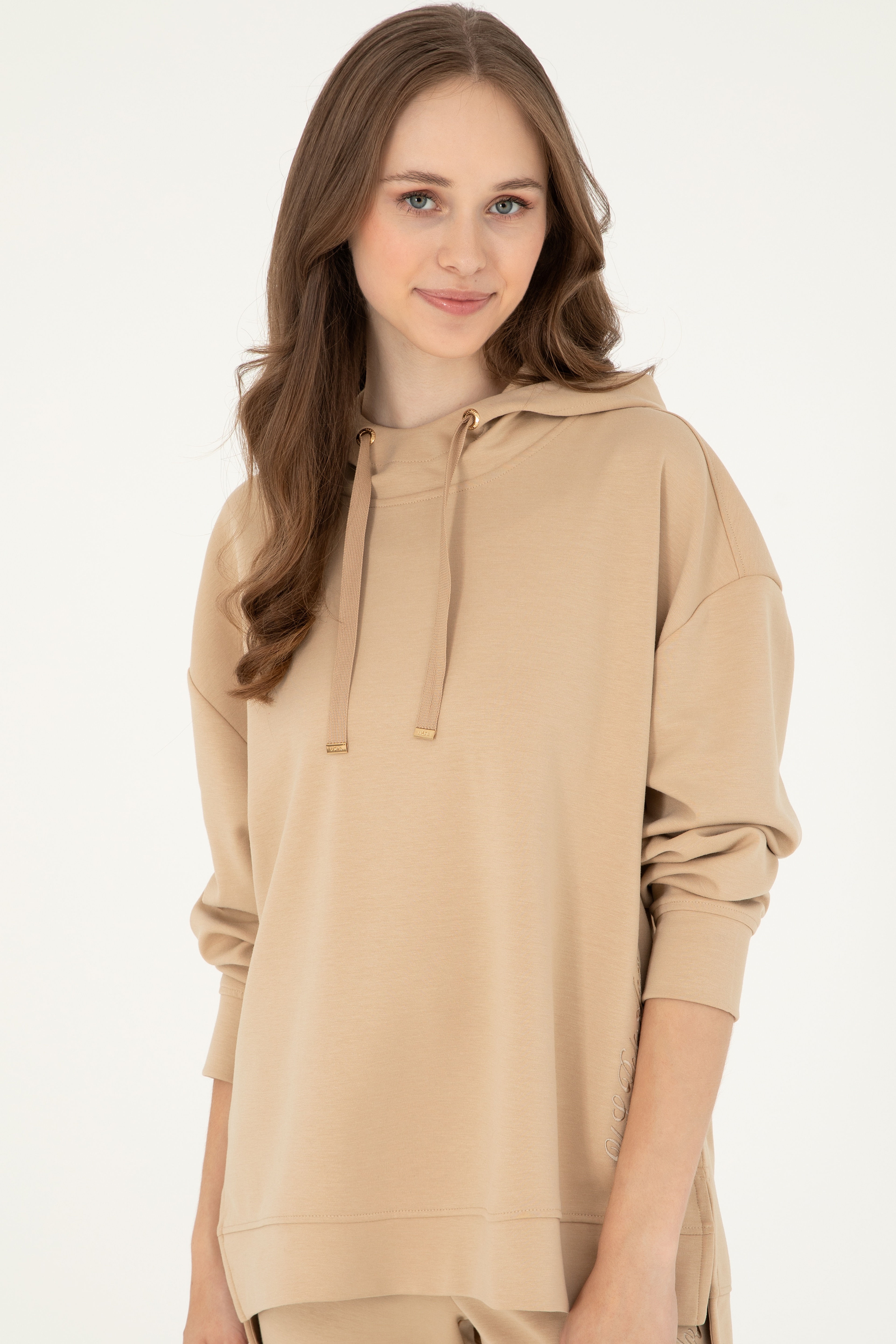 Kadın Kum Modal Karışımlı Kapüşonlu Sweatshirt - Image 3