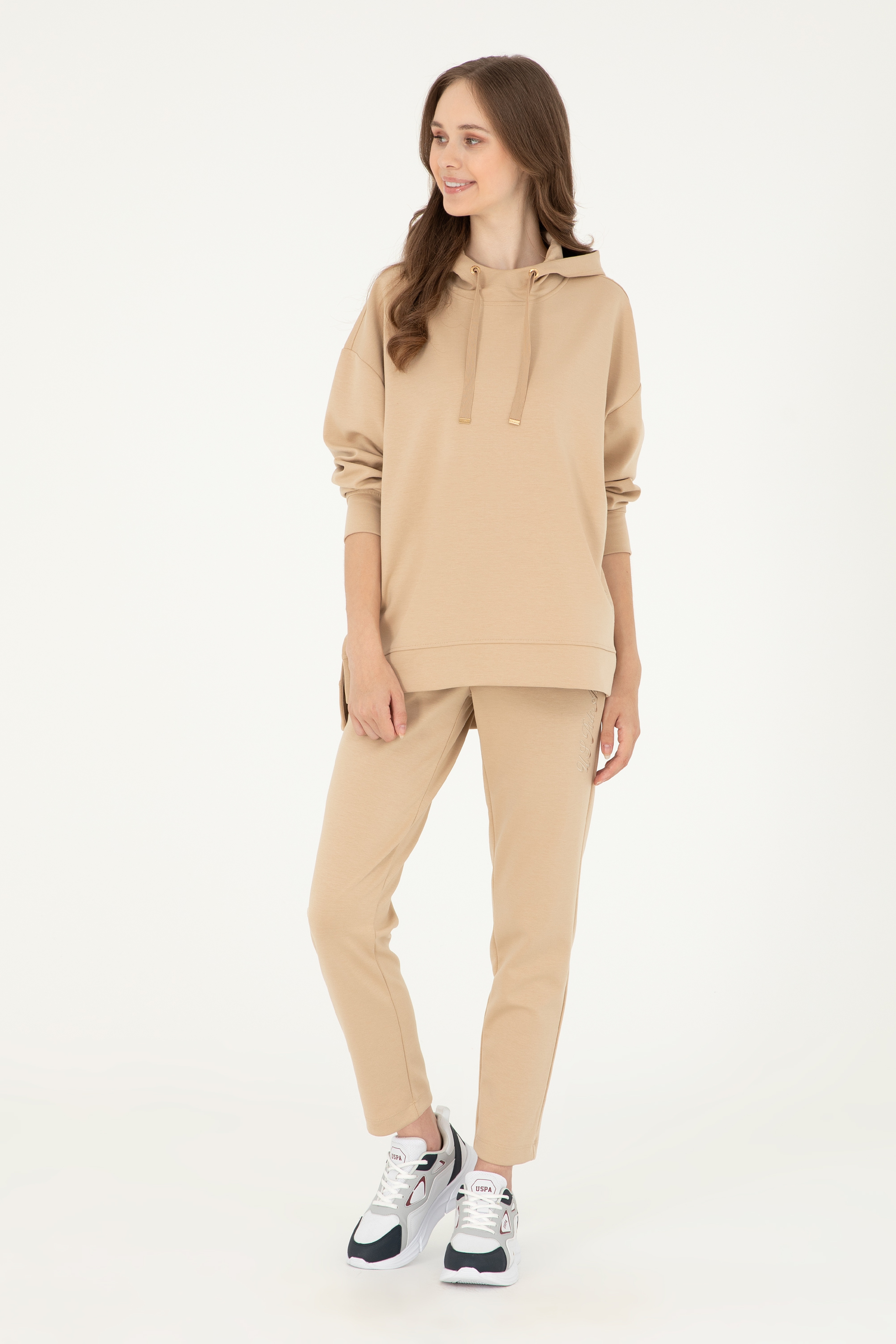 Kadın Kum Modal Karışımlı Kapüşonlu Sweatshirt - Image 4