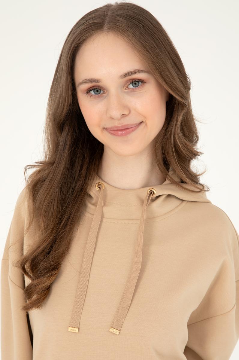Kadın Kum Modal Karışımlı Kapüşonlu Sweatshirt
