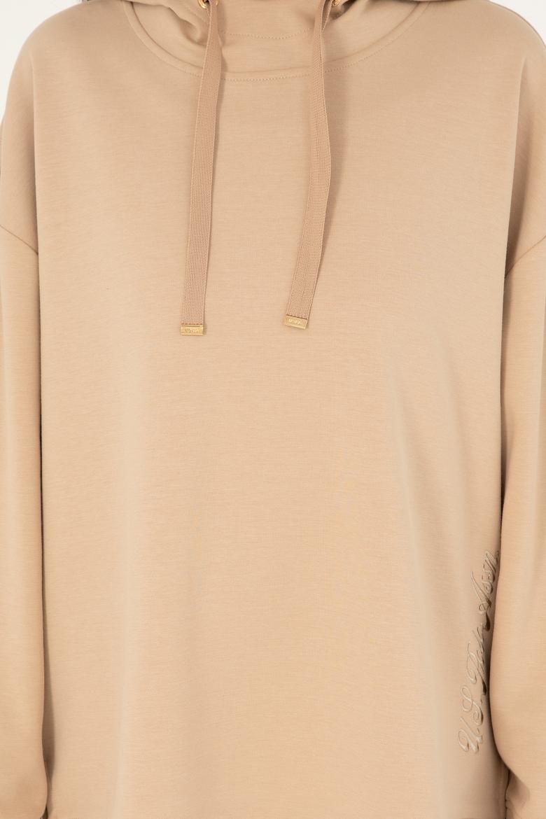 Kadın Kum Modal Karışımlı Kapüşonlu Sweatshirt - 50296940040