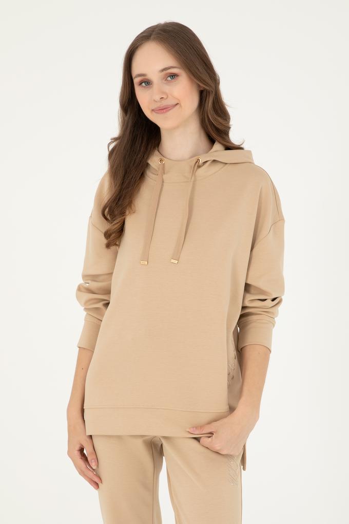 Kadın Kum Modal Karışımlı Kapüşonlu Sweatshirt