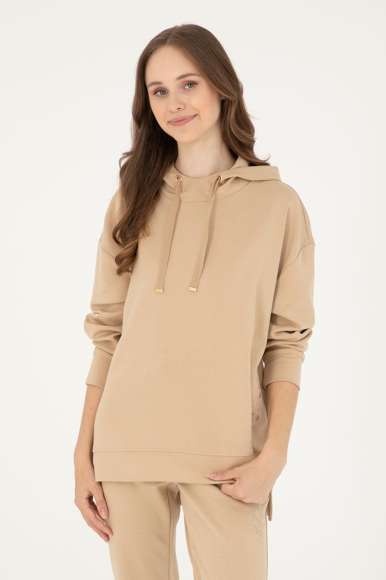 Kadın Kum Modal Karışımlı Kapüşonlu Sweatshirt