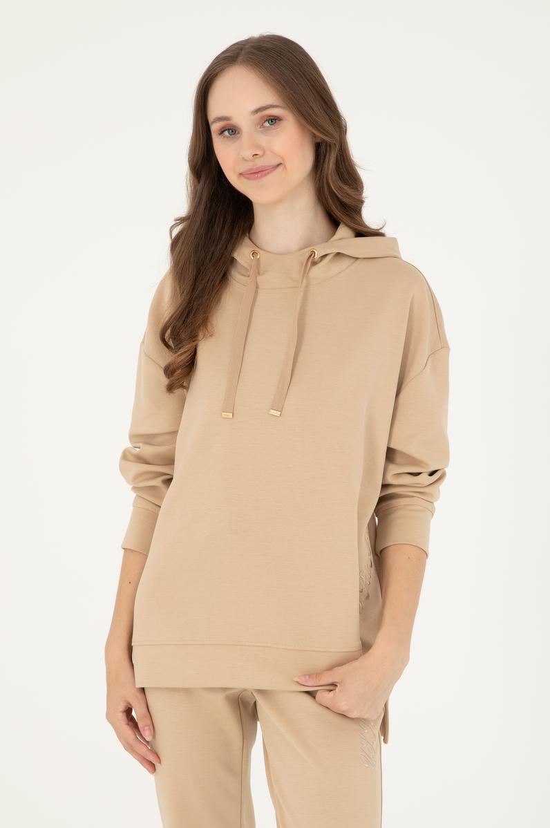 Kadın Kum Modal Karışımlı Kapüşonlu Sweatshirt