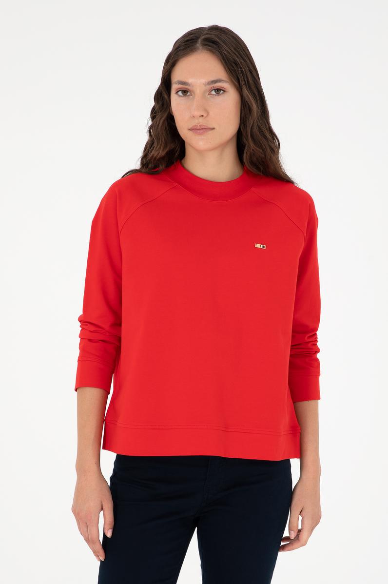 Kadın Kırmızı Bisiklet Yaka Sweatshirt