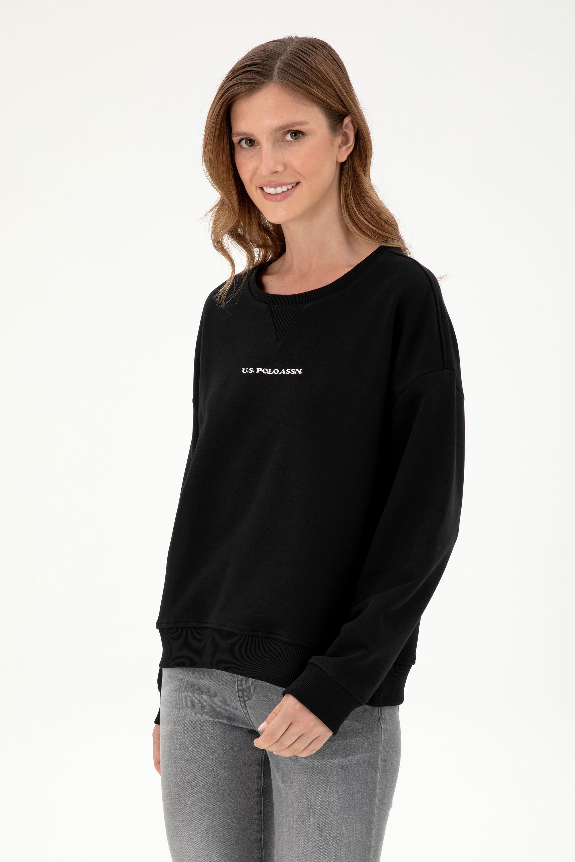 Kadın Siyah Bisiklet Yaka Sweatshirt - Image 1