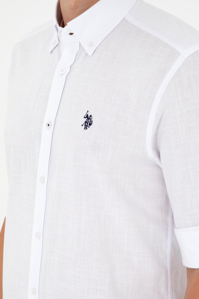 Erkek Keten Görünümlü Beyaz Basic Gömlek - 50288648104