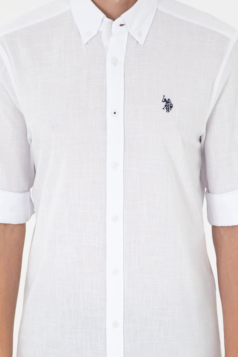 Erkek Keten Görünümlü Beyaz Basic Gömlek - 50288648104