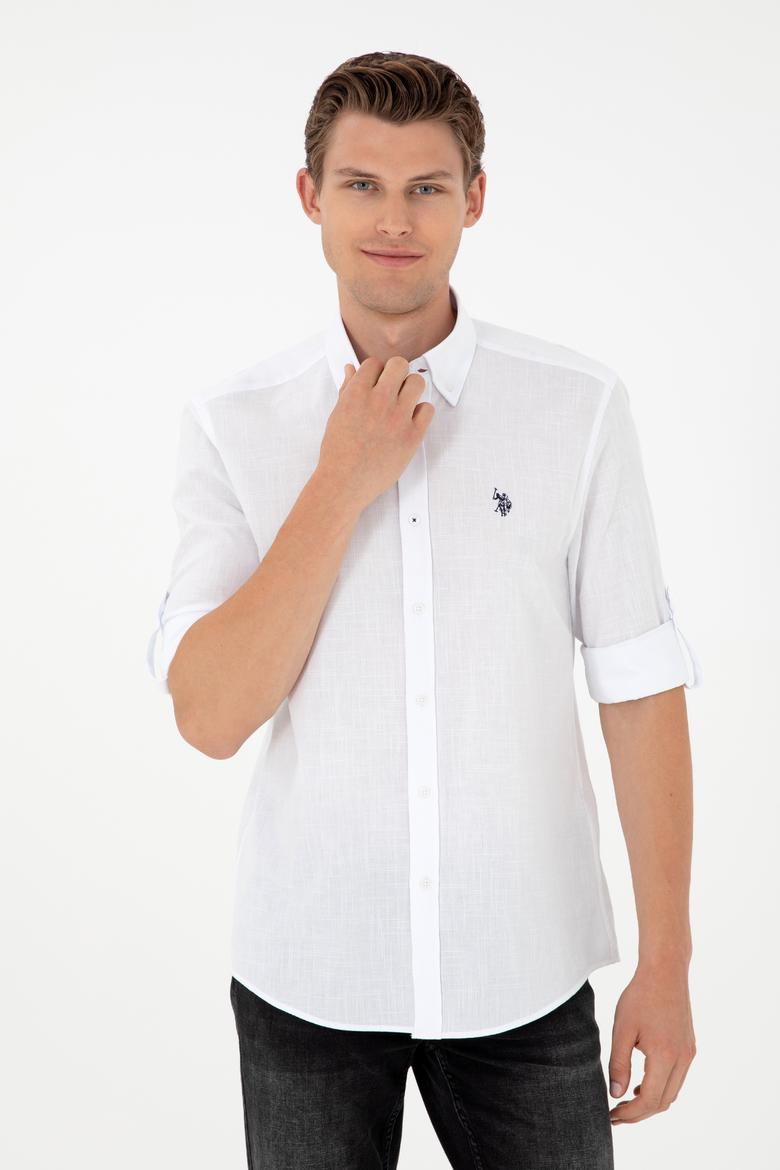 Erkek Keten Görünümlü Beyaz Basic Gömlek - 50288648104