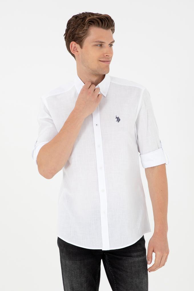 Erkek Keten Görünümlü Beyaz Basic Gömlek