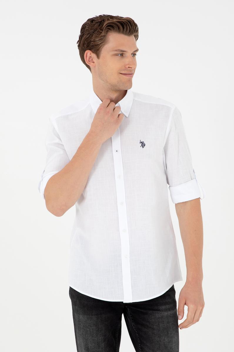 Erkek Keten Görünümlü Beyaz Basic Gömlek