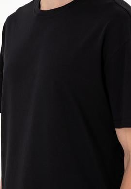 Siyah Bisiklet Yaka Oversize Tişört - 50284630083