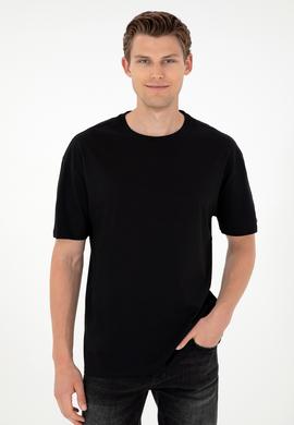 Siyah Bisiklet Yaka Oversize Tişört - 50284630083