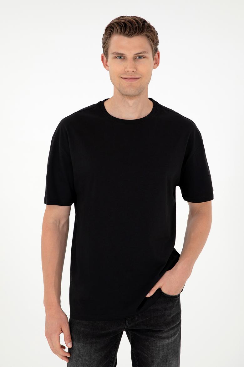 Siyah Bisiklet Yaka Oversize Tişört - 50284630083