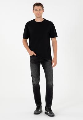 Siyah Bisiklet Yaka Oversize Tişört - 50284630083