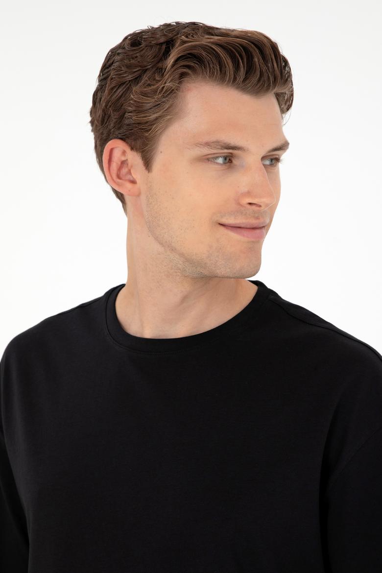 Siyah Bisiklet Yaka Oversize Tişört - 50284630083