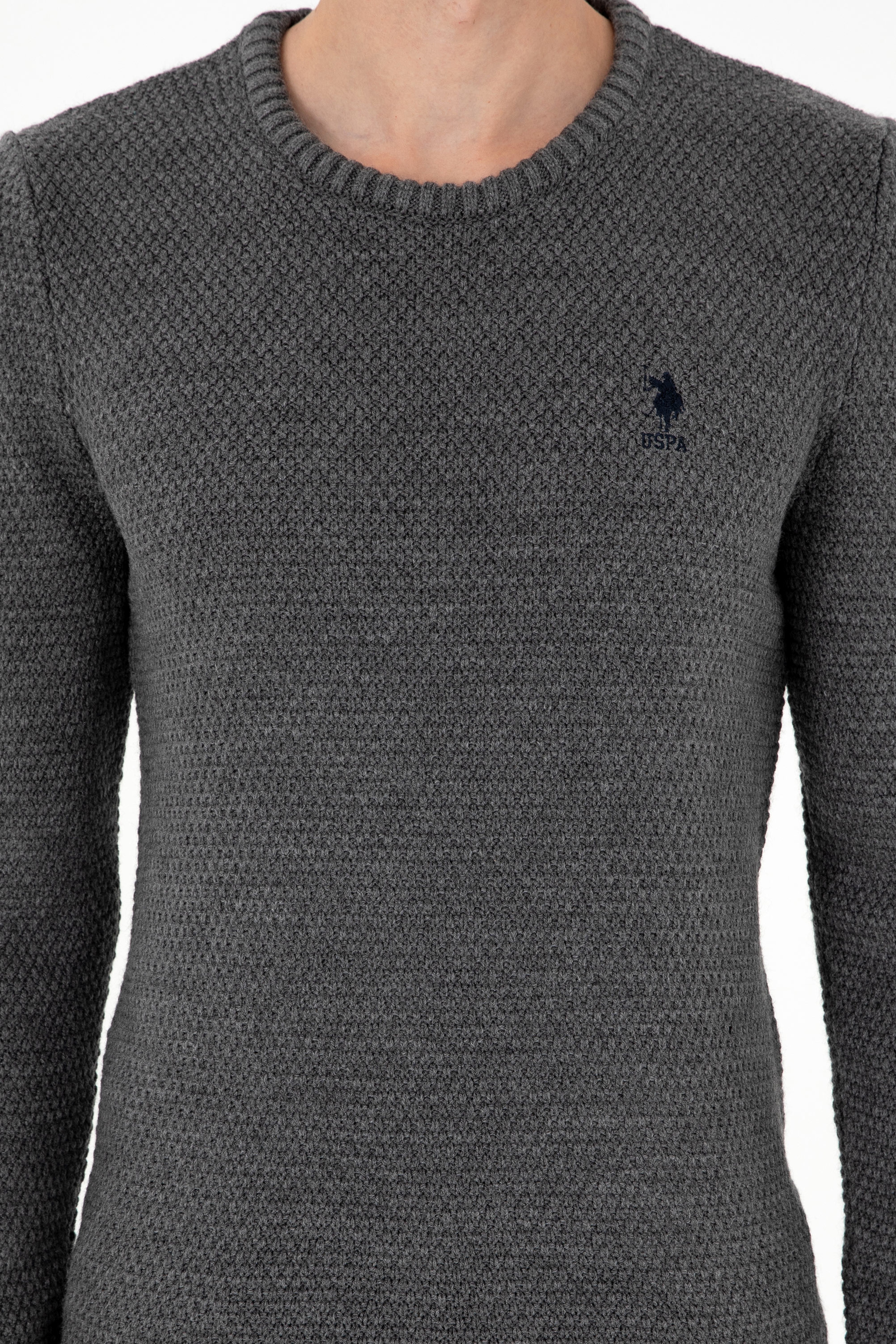 Erkek Slim Fit Bisiklet Yaka Gri Melanj Kazak - Image 6
