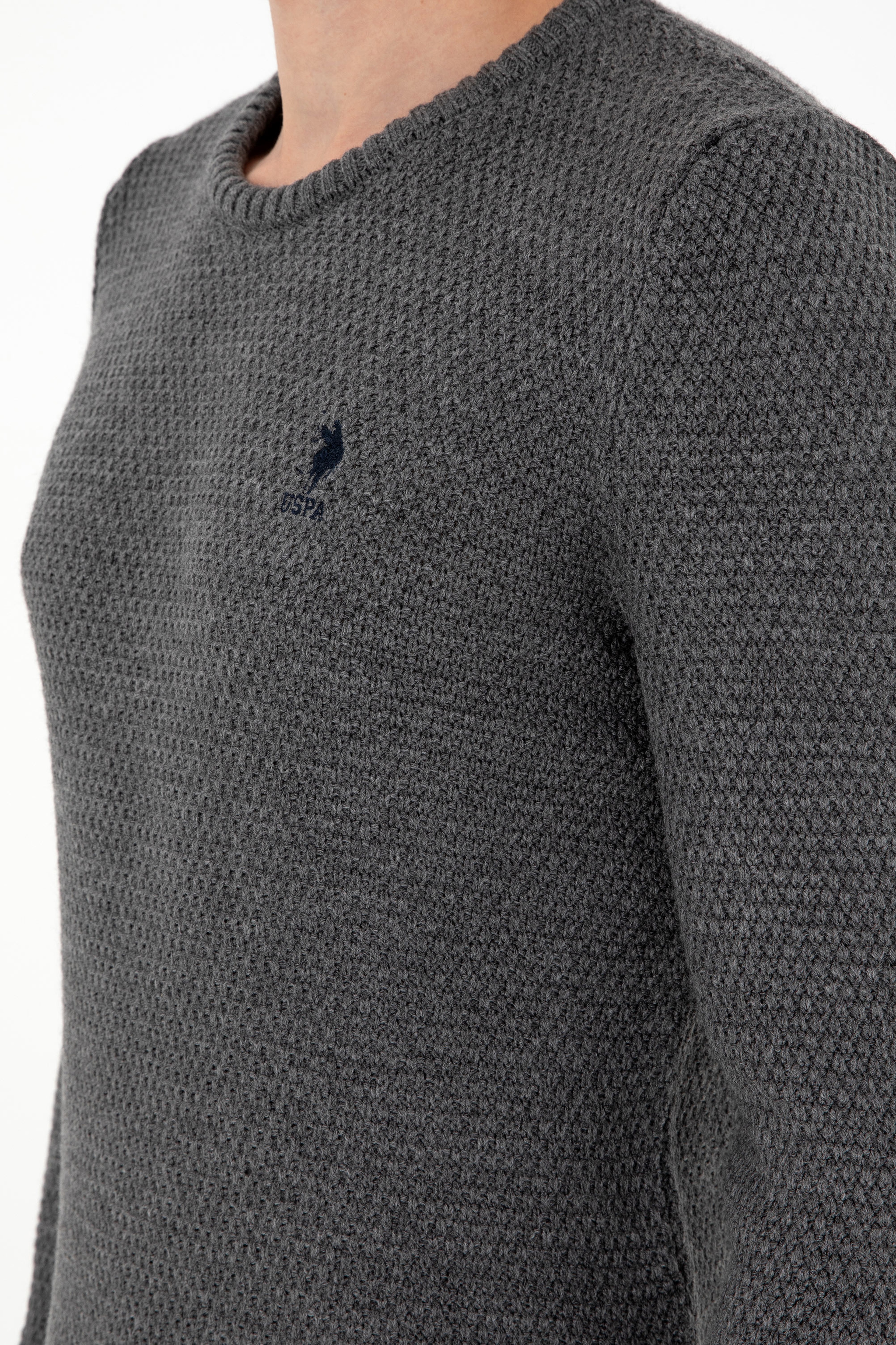 Erkek Slim Fit Bisiklet Yaka Gri Melanj Kazak - Image 7