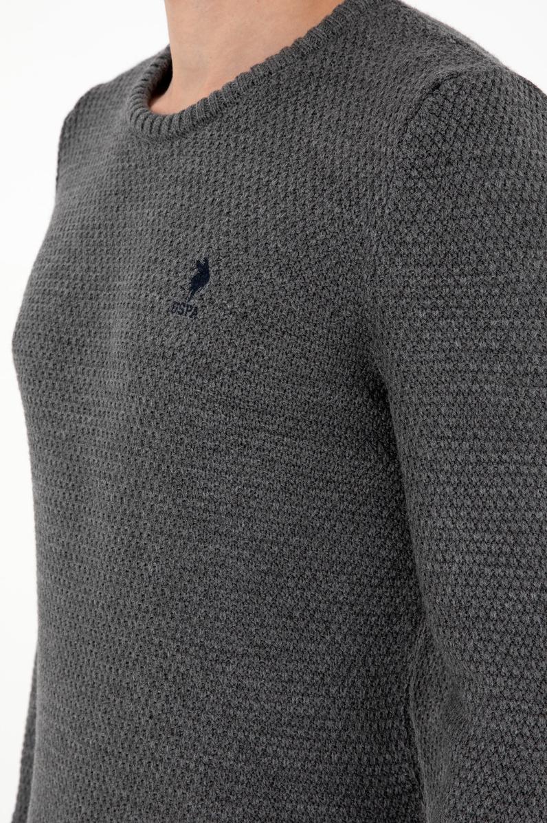 Erkek Slim Fit Bisiklet Yaka Gri Melanj Kazak