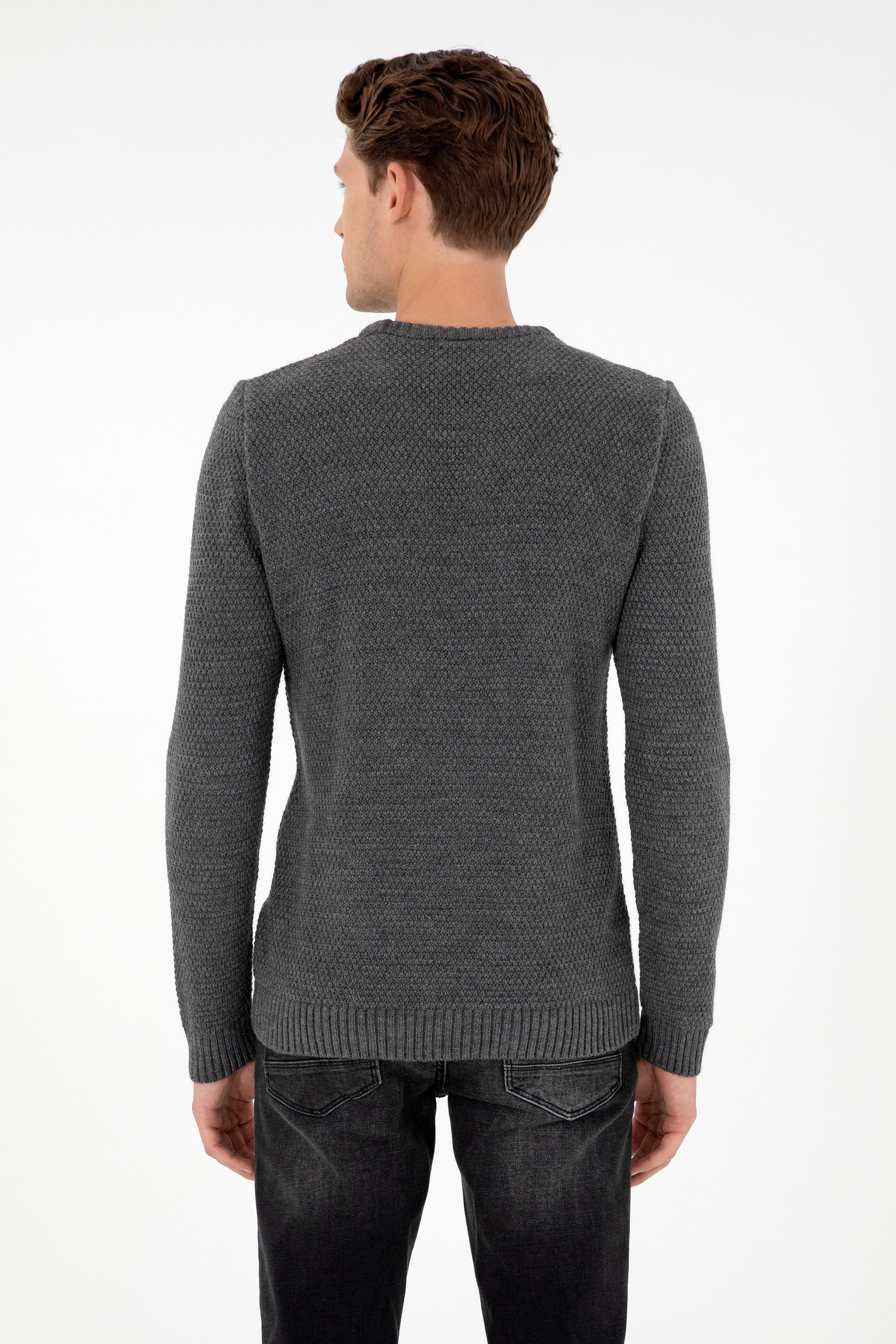 Erkek Slim Fit Bisiklet Yaka Gri Melanj Kazak - Image 5