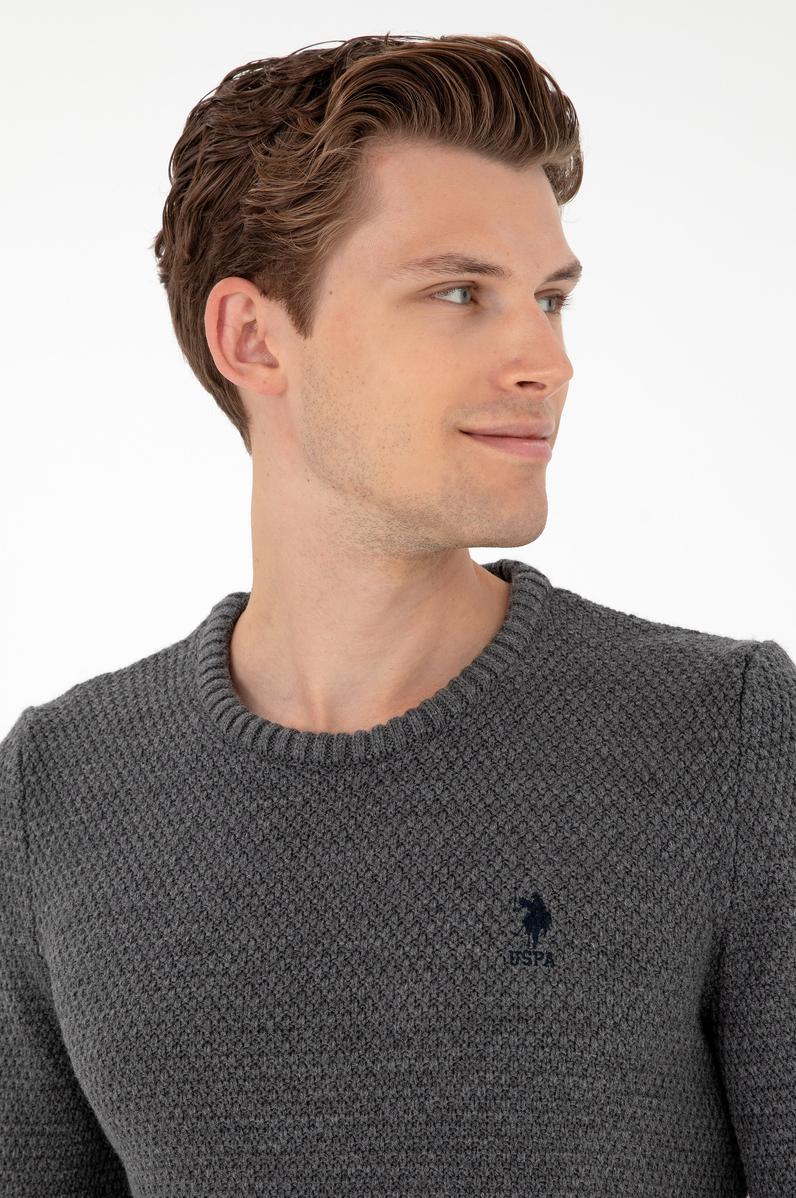 Erkek Slim Fit Bisiklet Yaka Gri Melanj Kazak