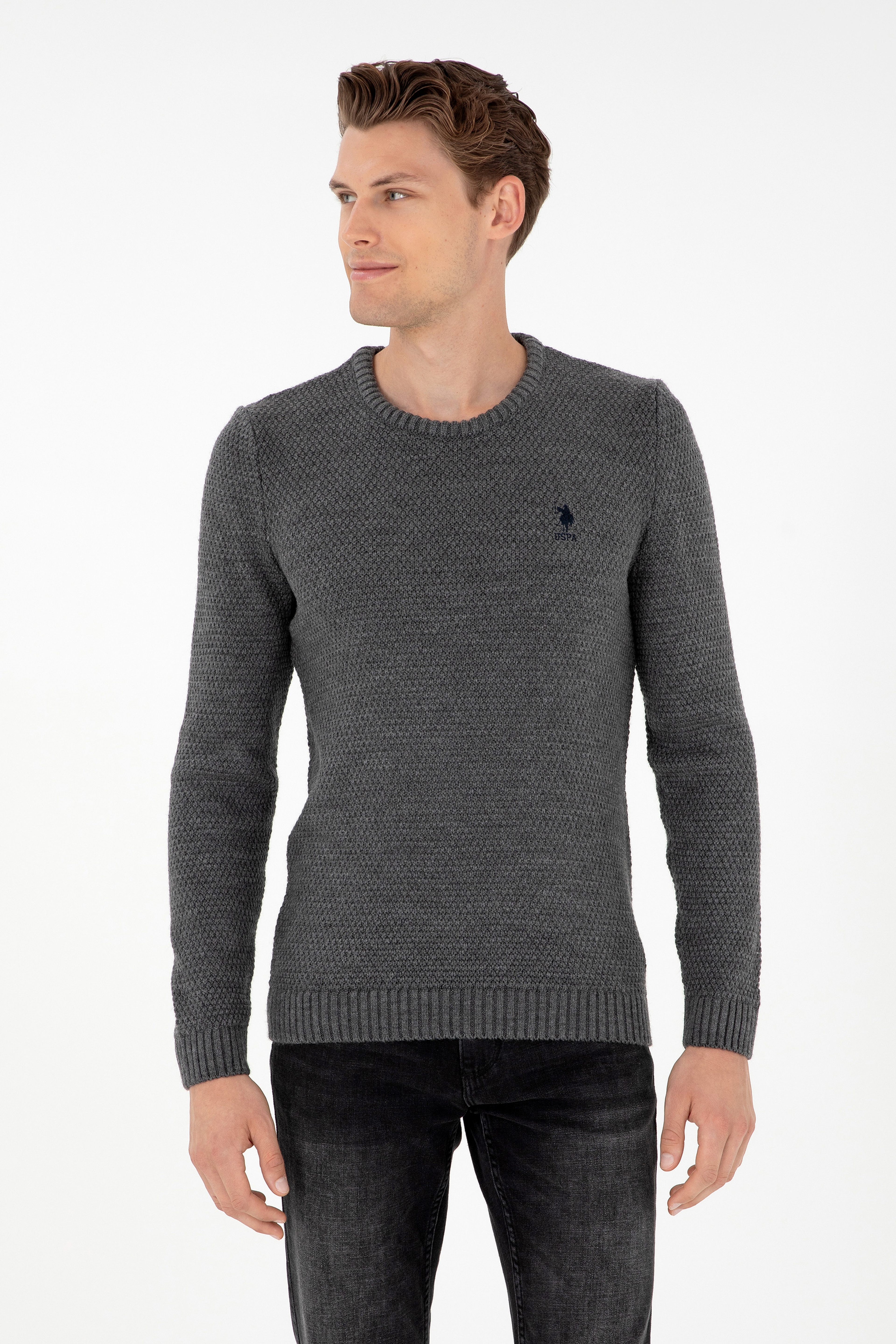 Erkek Slim Fit Bisiklet Yaka Gri Melanj Kazak - Image 1