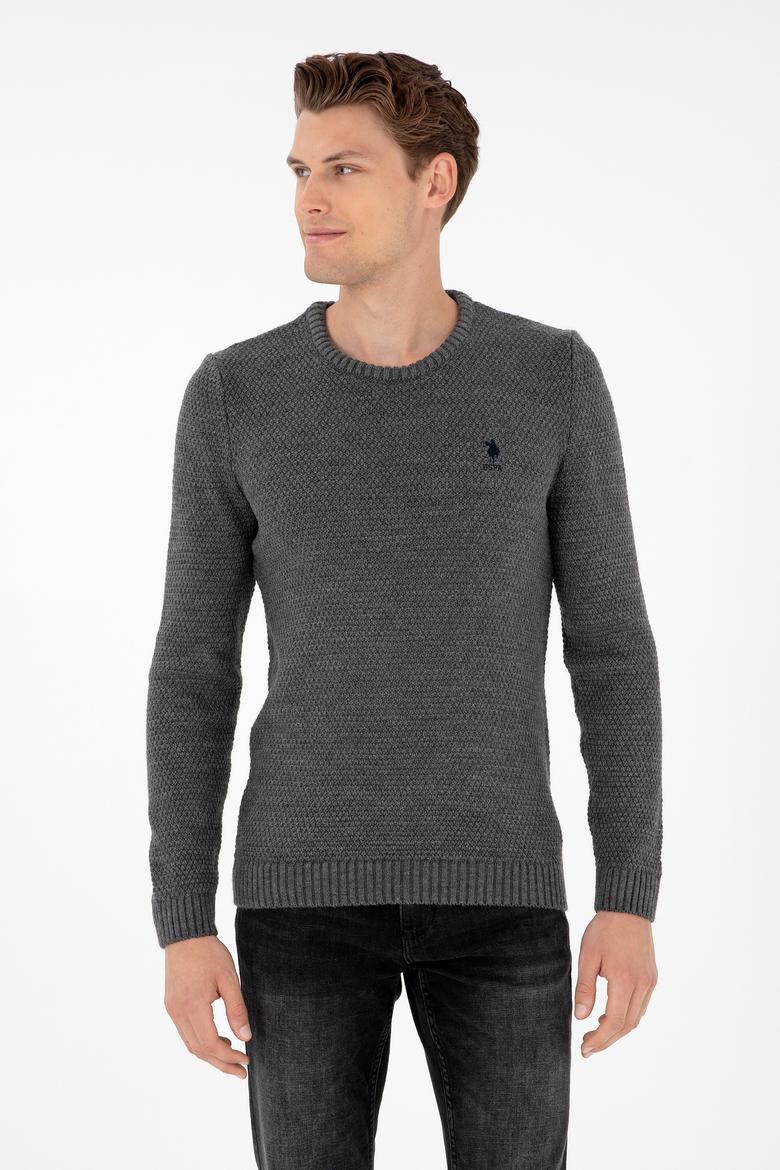 Erkek Slim Fit Bisiklet Yaka Gri Melanj Kazak