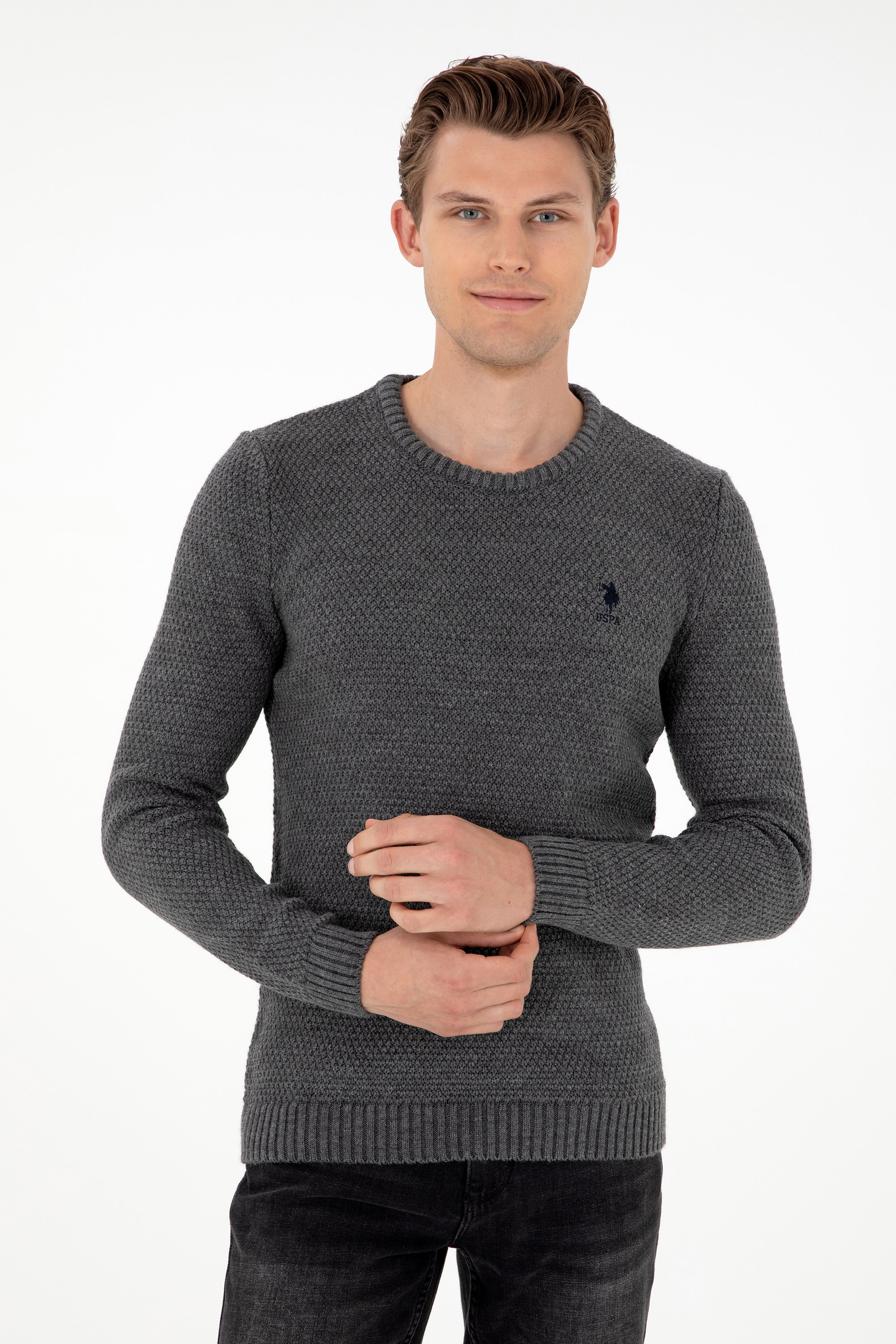Erkek Slim Fit Bisiklet Yaka Gri Melanj Kazak - Image 3