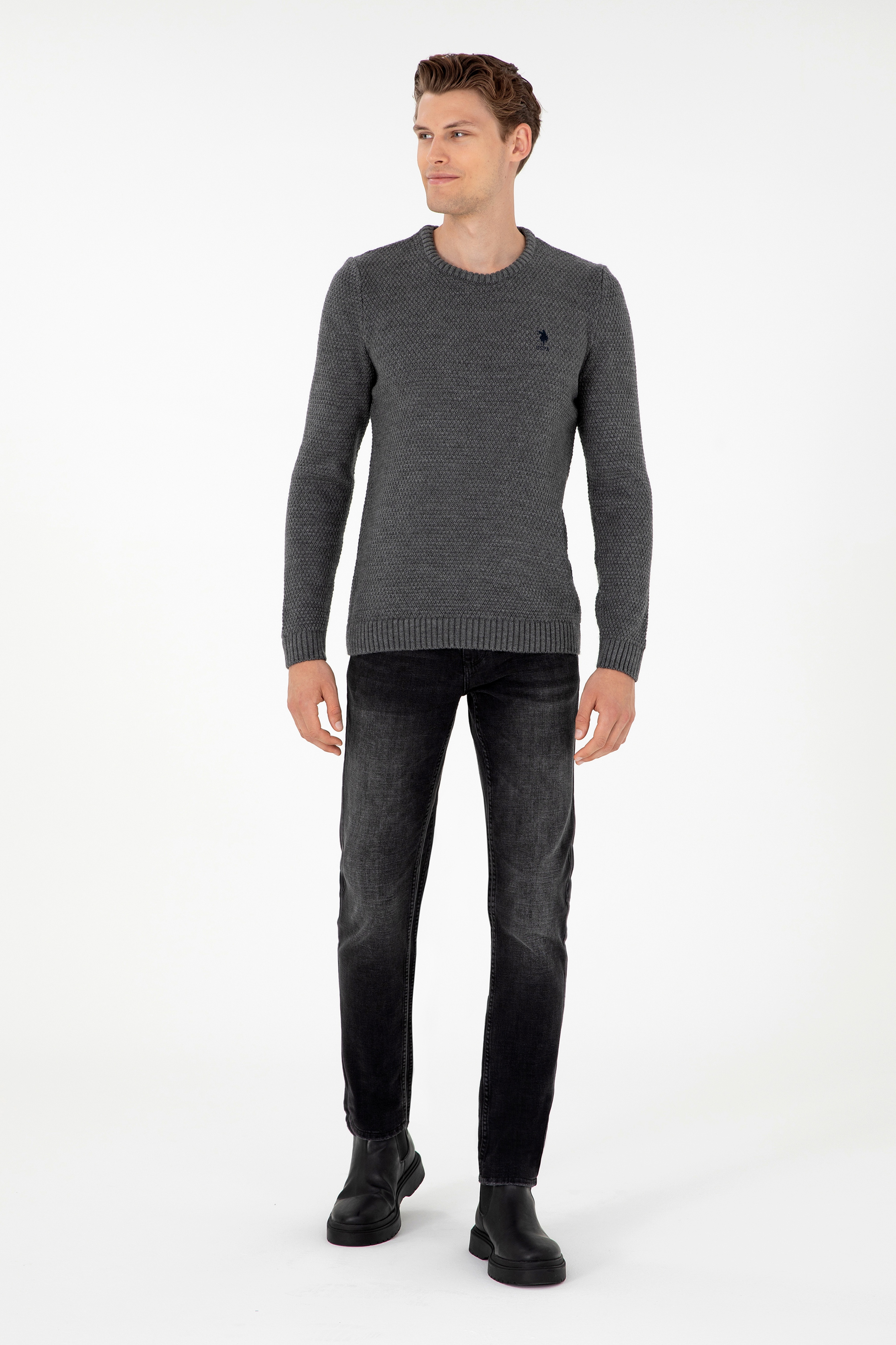 Erkek Slim Fit Bisiklet Yaka Gri Melanj Kazak - Image 4