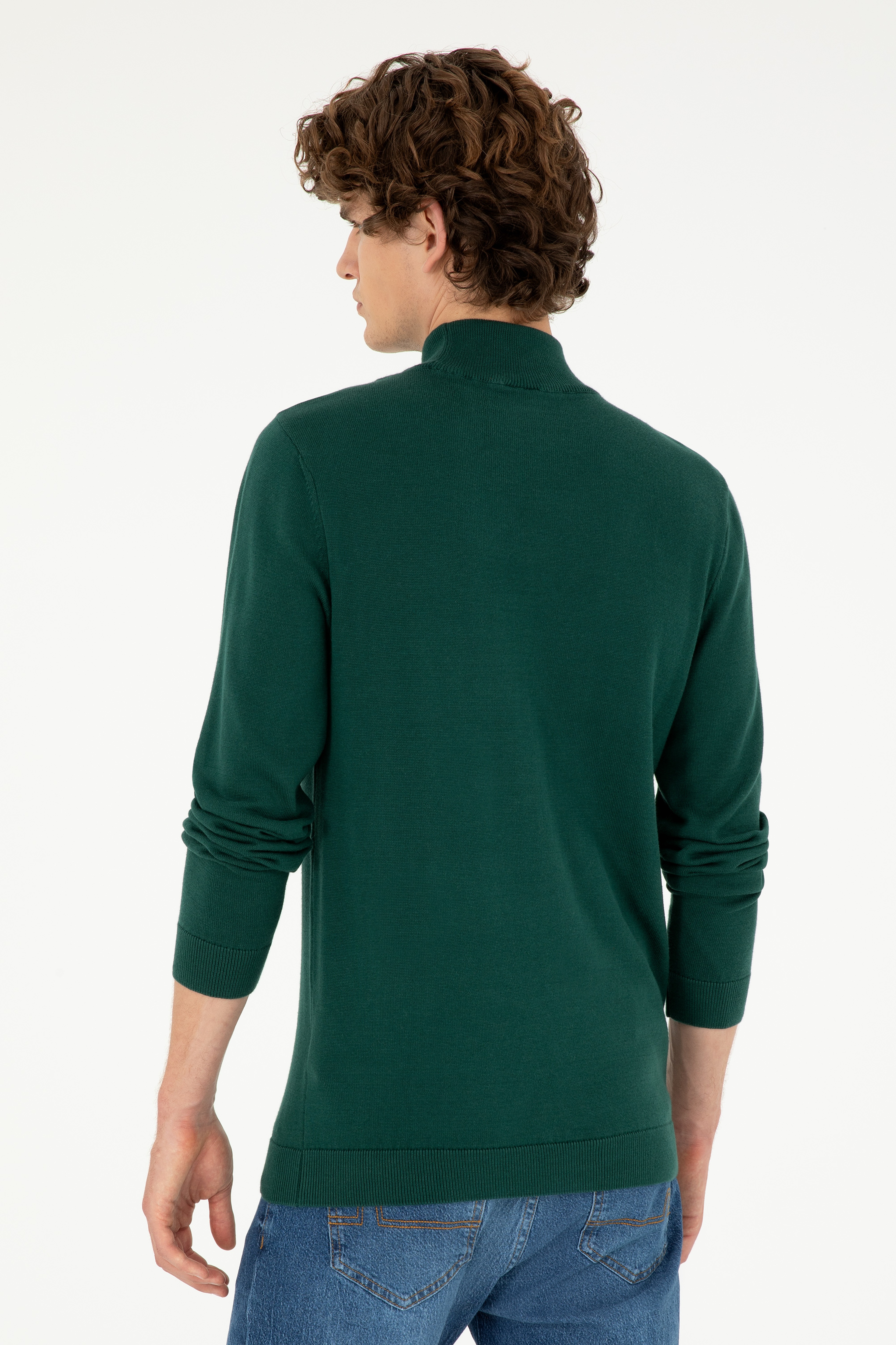 Erkek Slim Fit Yarım Boğazlı Koyu Yeşil Basic Kazak