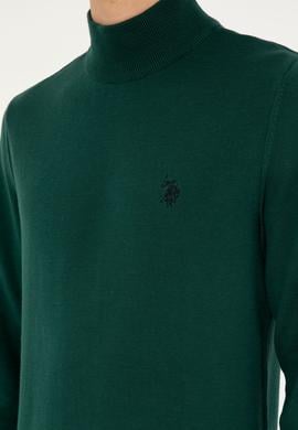 Erkek Slim Fit Yarım Boğazlı Koyu Yeşil Basic Kazak - 50293499109