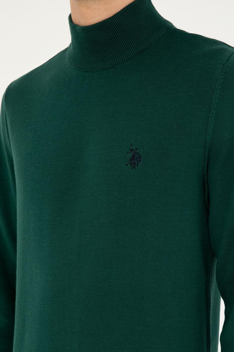 Erkek Slim Fit Yarım Boğazlı Koyu Yeşil Basic Kazak