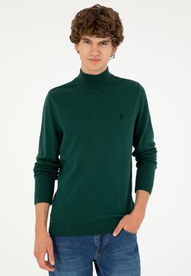 Erkek Slim Fit Yarım Boğazlı Koyu Yeşil Basic Kazak - 50293499109