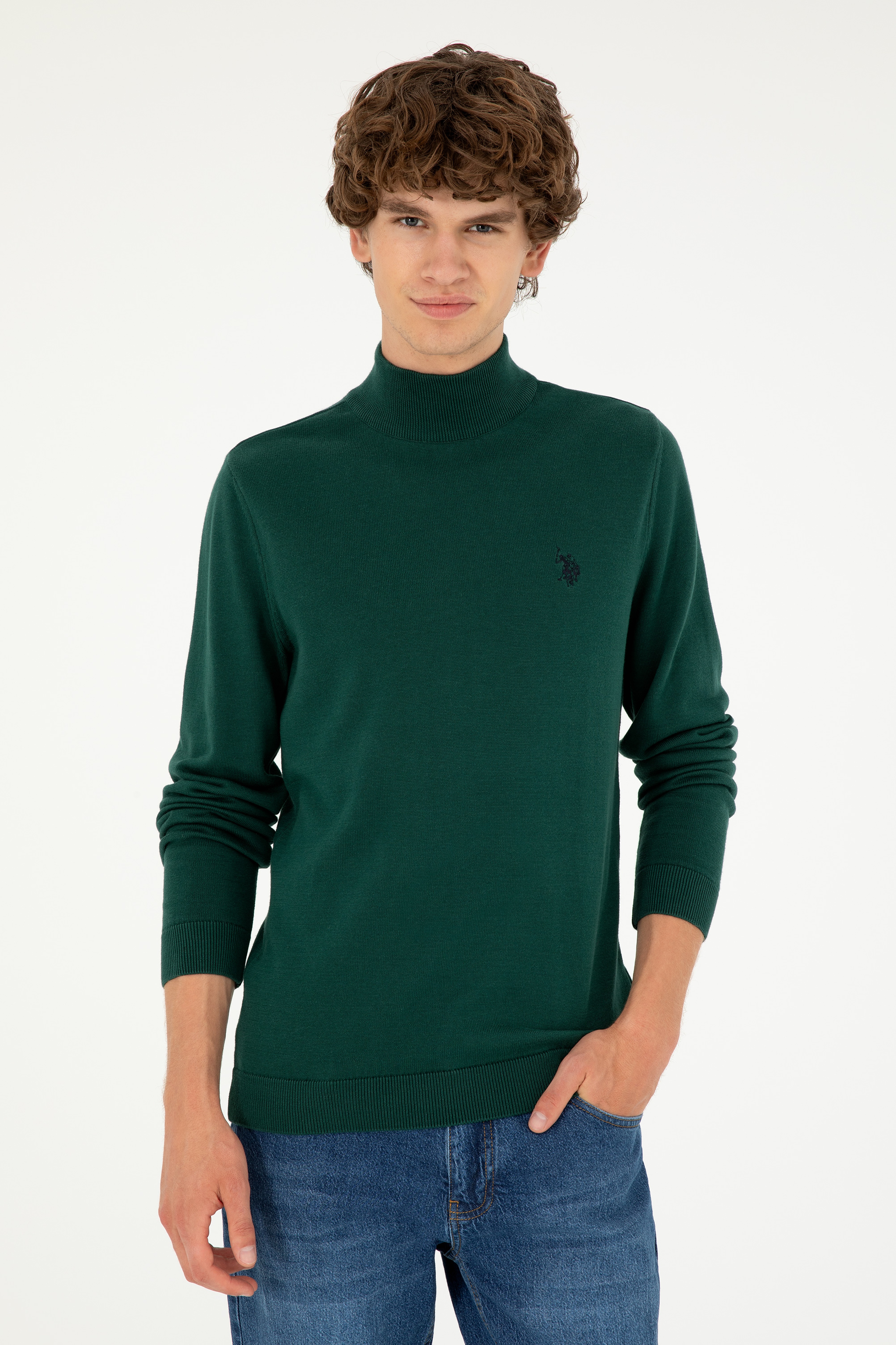 Erkek Slim Fit Yarım Boğazlı Koyu Yeşil Basic Kazak - Image 3
